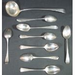 A GROUP OF SIX SIMILAR GEORGIAN SILVER TABLESPOONS (4+2) of plain old English design with engraved