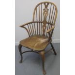 19TH CENTURY ASH, ELM AND BEECH WINDSOR FIRESIDE SPLAT BACKED ELBOW CHAIR,
