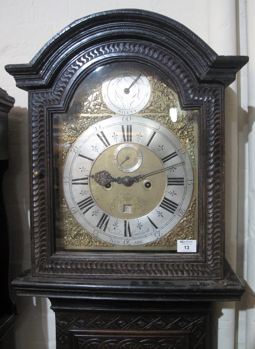 18TH CENTURY OAK 8 DAY LONGCASE CLOCK marked Nicholas Goddard, Newark, having arched hood,