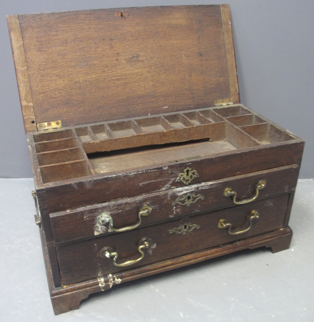 SMALL 18TH CENTURY WORK BOX having lift top with later hinges revealing fitted interior over two
