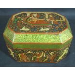 19TH CENTURY INIDAN LACQUERED OCTAGONAL BOX AND COVER copiously decorated in Indian Mughal taste