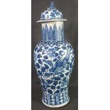 LARGE CHINESE PORCELAIN BLUE AND WHITE BALUSTER VASE with Dog of Fo finial,