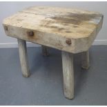 TRADITIONAL WELSH ELM BUTCHER'S BLOCK of rectangular form with canted angles standing on chunky