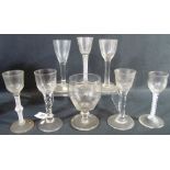 GROUP OF EIGHT 18TH CENTURY ROUND FUNNEL DRINKING GLASSES, two with plain stems,