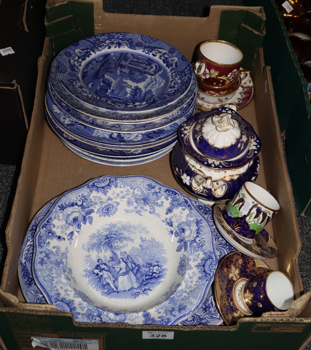 Tray of assorted china to include; 19th Century cabinet cups and saucers,