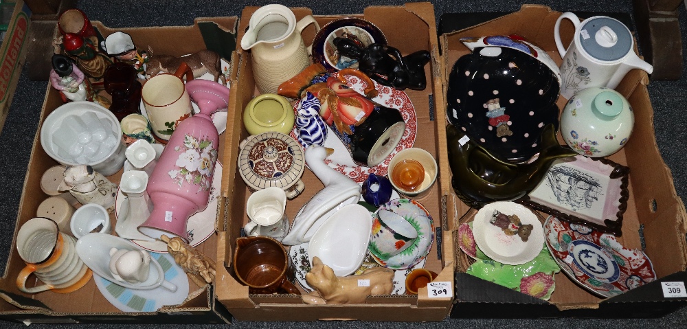 Three boxes of assorted china, glass and other items, various to include; pottery animals, vases,