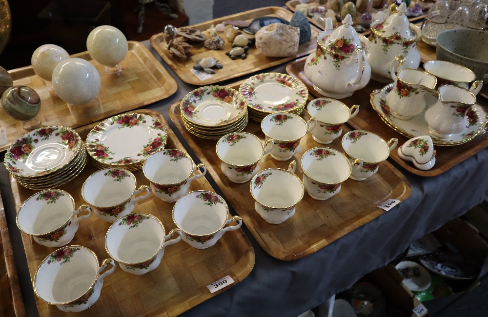 Three trays of Royal Albert bone china 'Old Country Roses' teaware to include; two teapots,