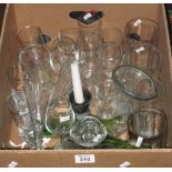 Box of assorted glassware to include; drinking vessels, green art glass specimen vases etc. (B.P.