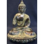 Large cast bronze study of a seated Buddha displaying the Vitarka Mundra with his right hand,