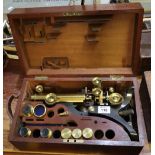 19th Century Ross of London lacquered brass binocular microscope in fitted mahogany box. (B.P.
