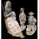 Large Lladro porcelain figure of a woman at her needlework, together with another little goose girl,