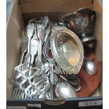Shoebox of silver plated items to include; bon-bon dish, toast rack, loose plated cutlery etc. (B.P.