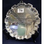 Small silver salver with presentation inscription. Birmingham hallmarks, 9 troy ozs approx. (B.P.