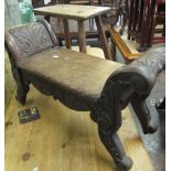 Rustic elm rectangular stool, together with a small oak stool in the form of carved window seat.