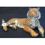 Raku fired large modern ceramic study of a recumbent tiger by Sallie Wakely. 45cm long approx. (B.