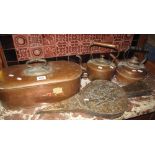 Collection of metalware to include; two copper kettles,