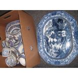 Box of assorted blue and white china meat dishes, Masons pouch shaped dresser jug, plates etc. (B.
