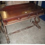 Victorian mahogany two drawer stretcher table. Water damaged, no reserve. (B.P. 24% incl.