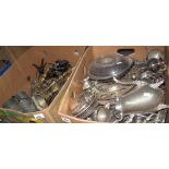 Two boxes of metalware, various to include; candlesticks, pewter tankards, entree dishes,