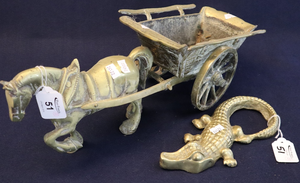 Large brass fireside ornament in the form of a horse and cart, together with a brass crocodile.