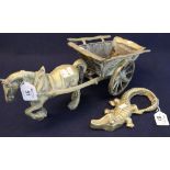 Large brass fireside ornament in the form of a horse and cart, together with a brass crocodile.