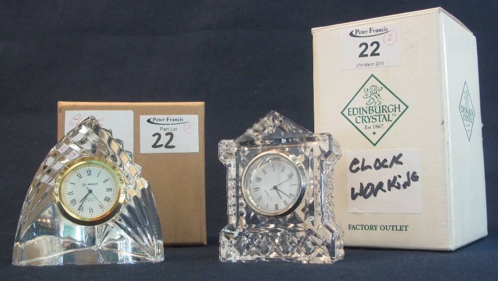 Two crystal glass small mantel clocks, Waterford crystal lancet shaped clock,