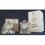 Two crystal glass small mantel clocks, Waterford crystal lancet shaped clock,