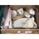 Box of assorted china to include; Triood floral teaware, Aynsley oven to tableware flan dish,