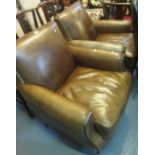 Pair of modern tan leather armchairs with studwork decoration, purchased in Next. (2) (B.P.