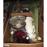 Box of assorted china and glass to include; Chinese canton tazza, Wedgwood cabinet cups and saucers,