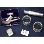 Silver engine turned cylindrical coin holder, small silver vesta case with engraved decoration,