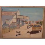 Neville Weston, outback street scene with vehicles and dog, signed and dated '08, oils on canvas,
