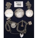 Bag of assorted silver to include; charm bracelet, 1889 silver crown, silver half crown 1885,