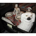 Box of assorted china to include; Staffordshire flatback figurines, pair of Japanese Samurai vases,