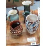 Collection of Ewenny pottery items to include; waisted vase, cylinder vase, Llaeth jug etc,