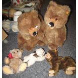 Box of soft toys to include; Steiff brown bears, Steiff lamb and another Steiff seated teddy bear.