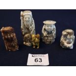 Group of carved bone and other netsuke figures, modern, also including a small okimono. (5) (B.P.