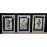 Three 19th Century cartoon portrait studies, watercolours, framed and glazed. 16 x 10cm approx.