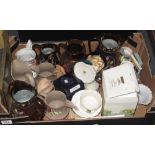 Box of assorted china, various to include; copper lustre dresser jugs and other dresser jugs,