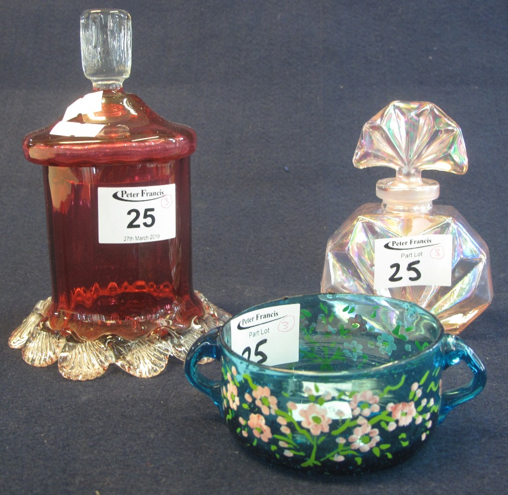 Cranberry glass lidded jam pot and cover,