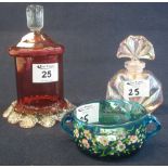 Cranberry glass lidded jam pot and cover,