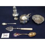 Odd items of silver and other pieces to include; pepperette, repousse dish, mustard pot etc. (B.P.