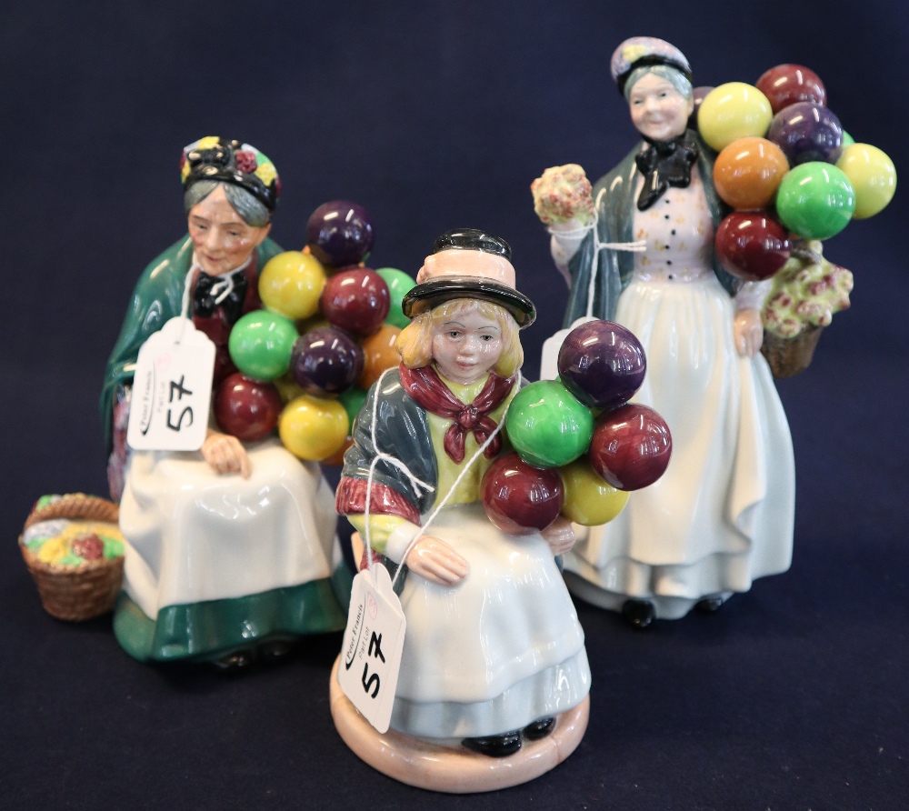 Three Royal Doulton balloon seller figures to include; 'Biddy Penny Farthing' HN1843,