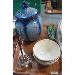 Tray of items to include; Sylvac blue jar and cover, glass faceted desk weight with pen,