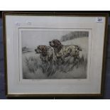 Henry Williamson, 'Clumber spaniels', limited edition sparsely coloured etching, signed in pencil.
