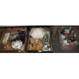 Three boxes of assorted china and other items, various to include; a Wesley Staffordshire figurine,