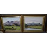 Welsh school, 20th Century, gathering sheep, Llan Ffestiniog and Snowdon, Avon Glaslyn, a pair,