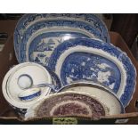 Box of assorted mainly blue and white china oval meat dishes, pedestal bowl, tureens etc. (B.P.