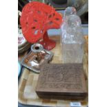 Tray of items to include; a pair of square section cut glass decanters and stoppers,