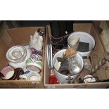 Two boxes of china and other items, various to include; 19th Century lustre dresser jugs,